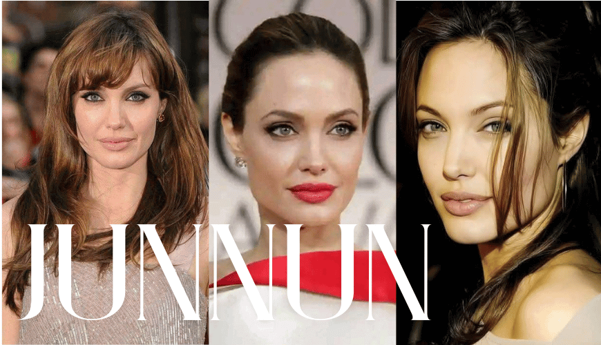Collage of three different images of Angelina Jolie showcasing her elegance and style