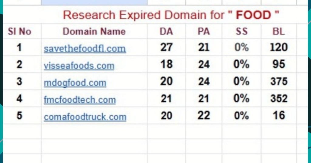 Expired domain research portfolio for Food and Digital Marketing niche with DA, backlinks, and niche relevance analysis
