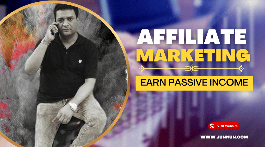 Illustration showing affiliate marketing concepts with a laptop, product links, commissions, and digital marketing icons.