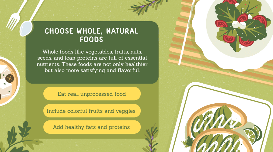 Healthy food plate with fruits, vegetables, and whole grains to eat for energy and enhance overall body performance.