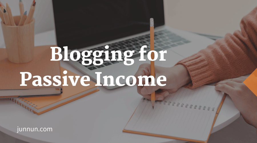 Illustration of a person writing blog content on a laptop with icons representing monetisation methods like ads, affiliate marketing, and digital products.