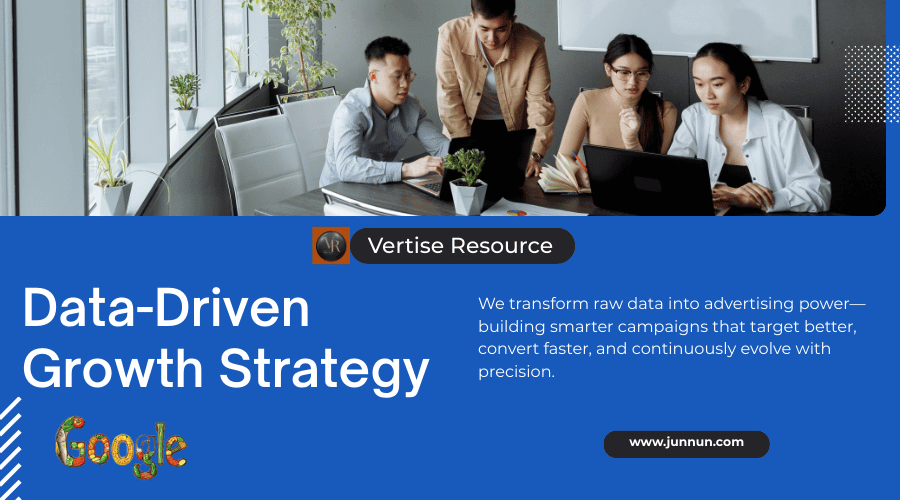 Data-driven growth strategy marketing banner showing a business team analyzing data for digital advertising campaigns.